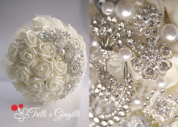 Bouquet alternativi, Trilli e Gingilli, bouquet originali, bouquet particolari, bouquet gioiello, stoffa, carta, perle, bottoni