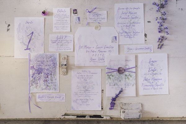 coordinato grafico matrimonio viola acquerello