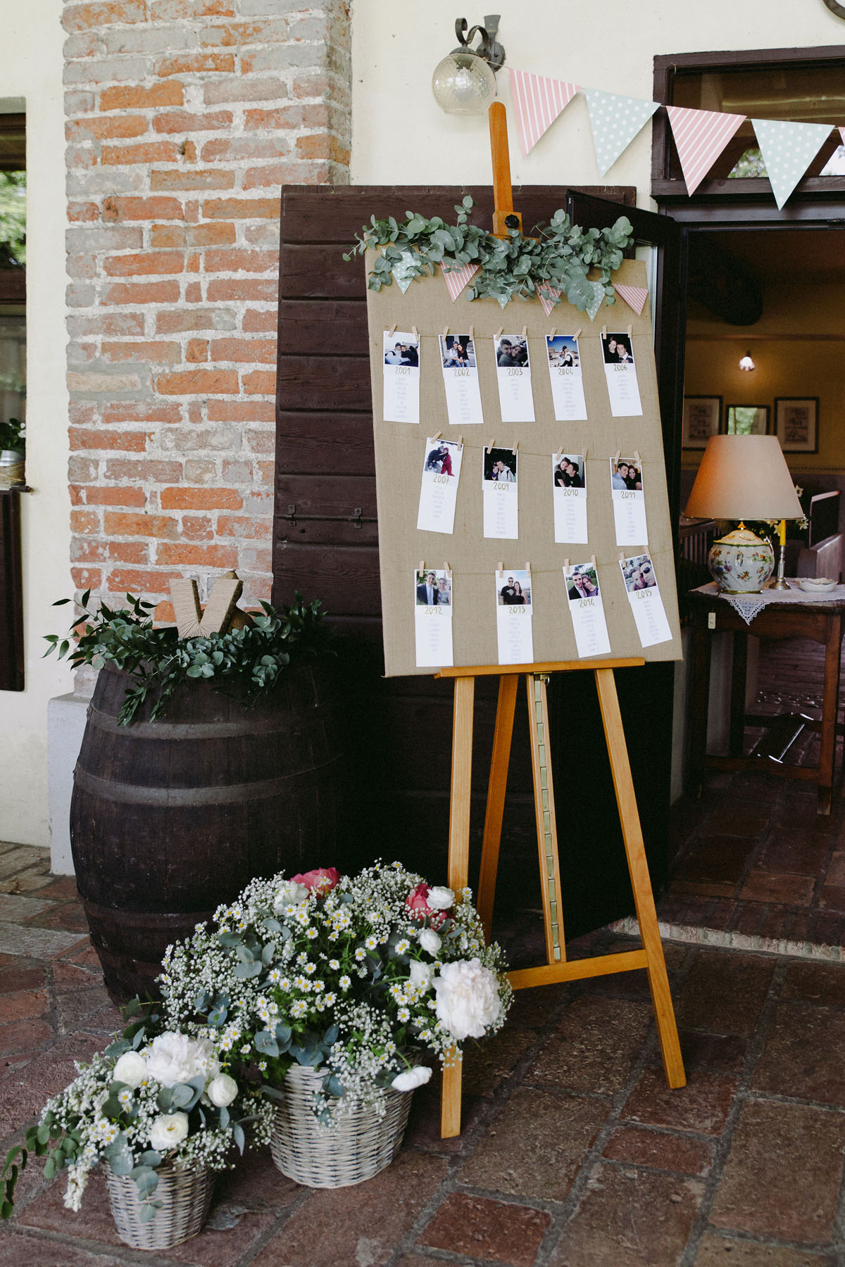 tableau de mariage con polaroid, bandierine e foglie di eucalipto